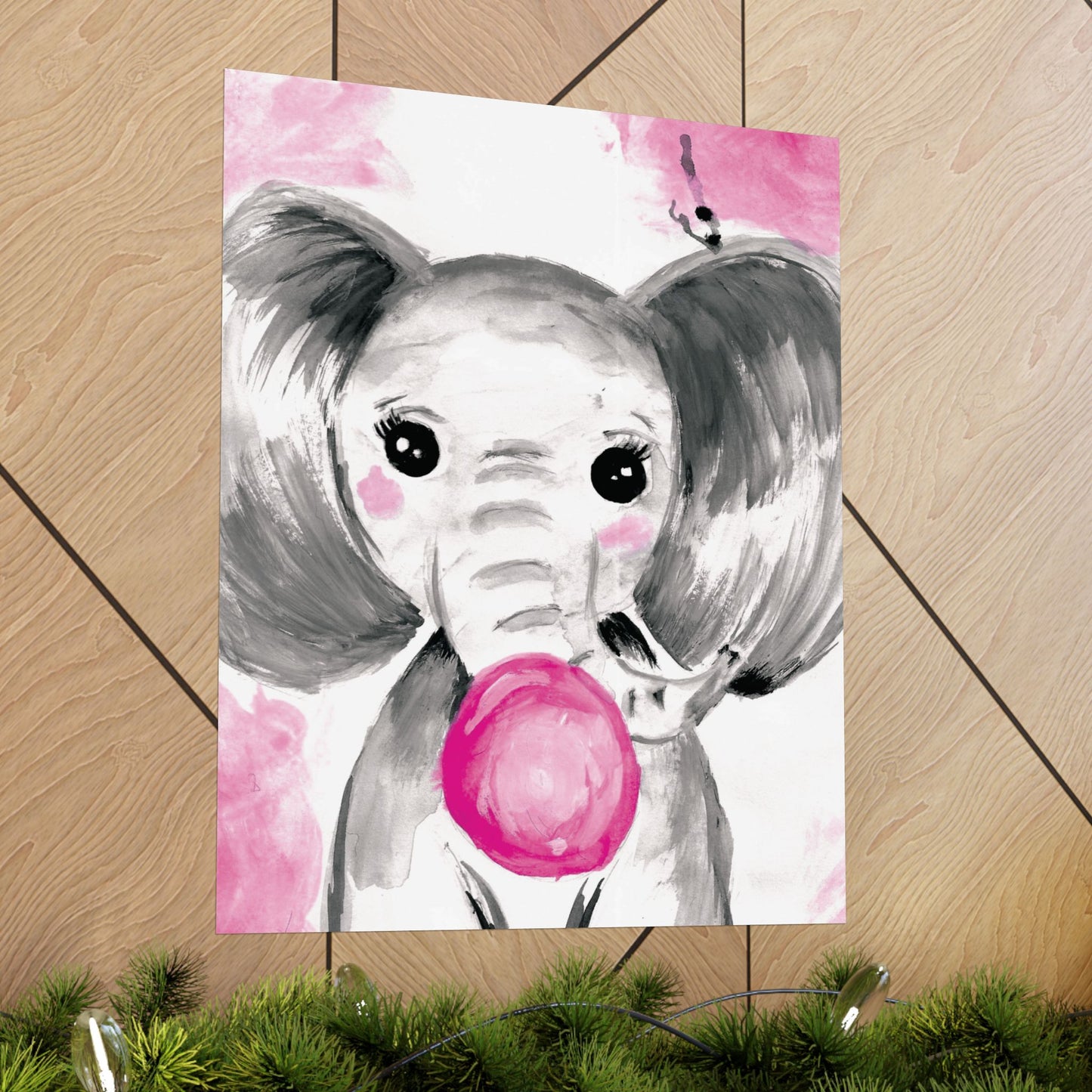 Little Elephant with pink bubblegum without AI - Matte Vertical Posters