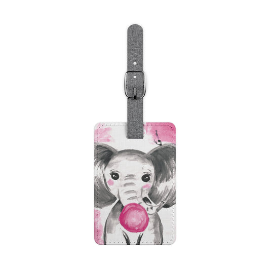 Little Elephant with pink bubblegum without AI - Saffiano Polyester Luggage Tag, Rectangle