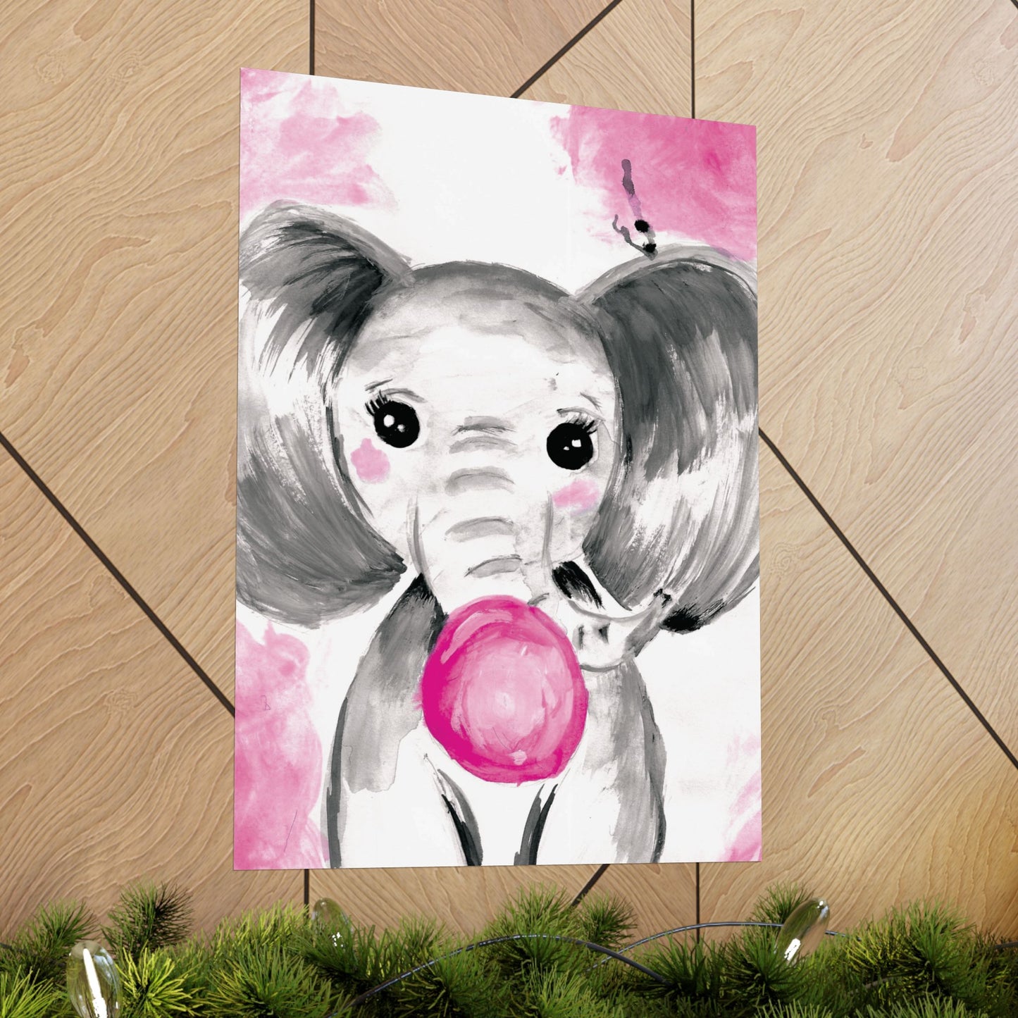 Little Elephant with pink bubblegum without AI - Matte Vertical Posters