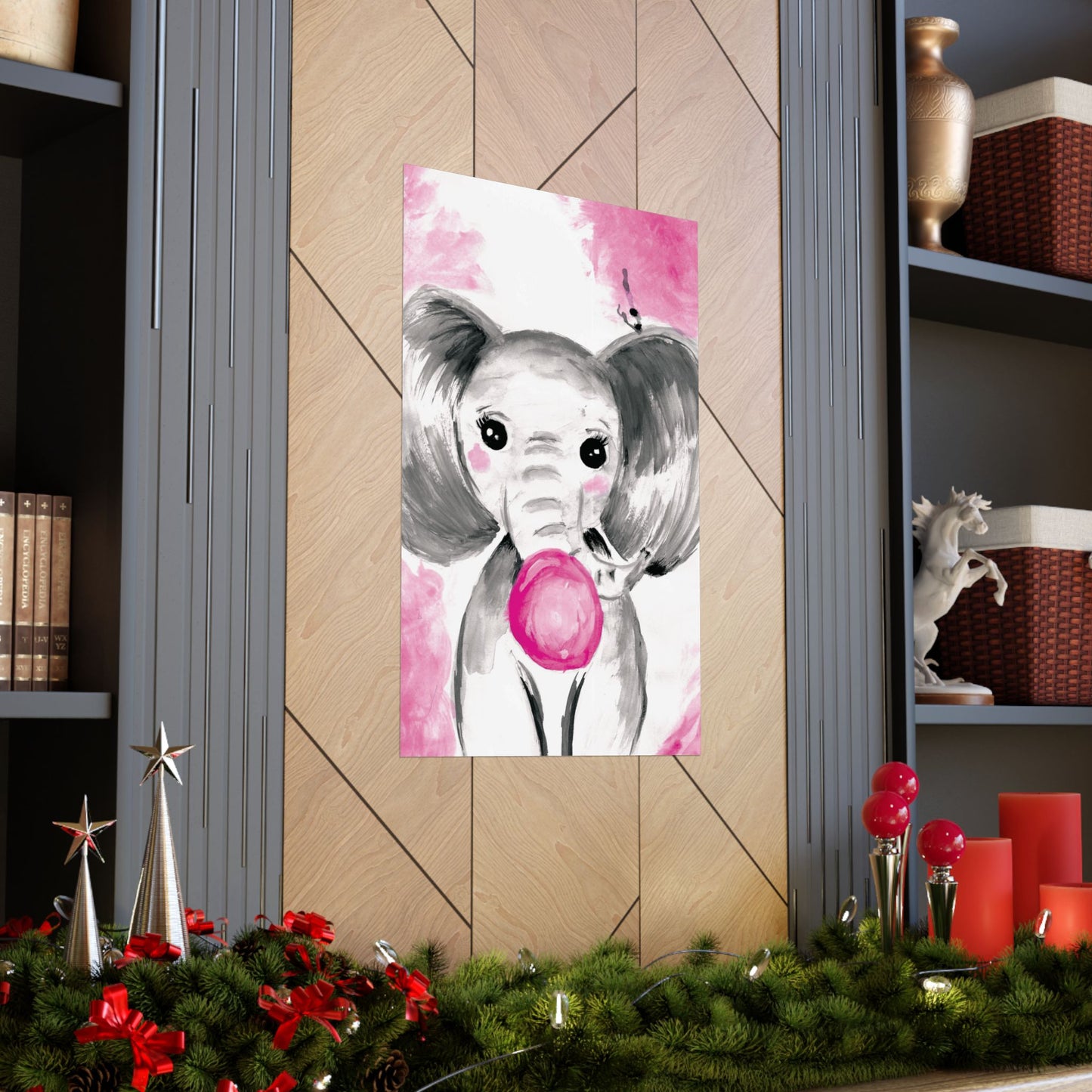 Little Elephant with pink bubblegum without AI - Matte Vertical Posters