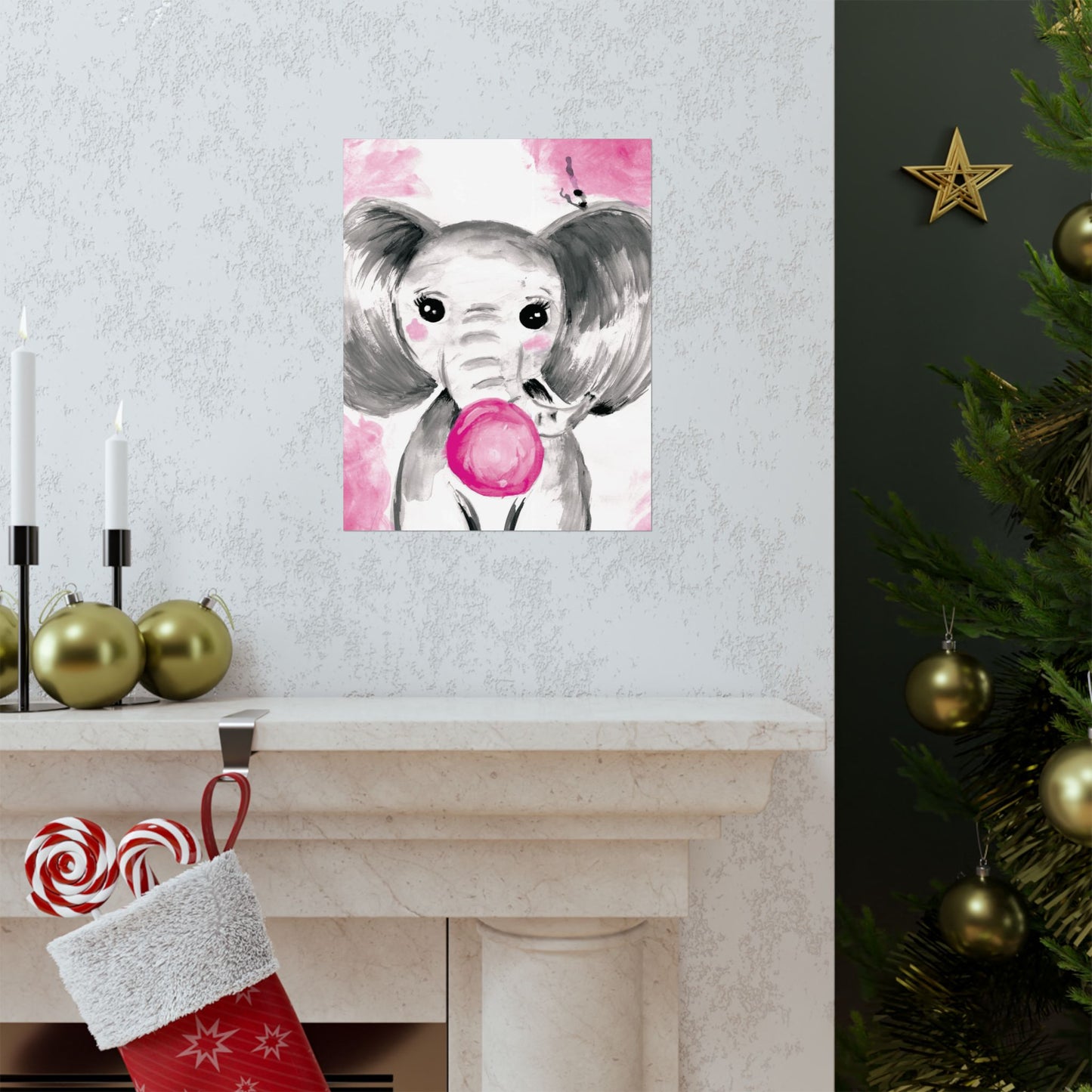 Little Elephant with pink bubblegum without AI - Matte Vertical Posters