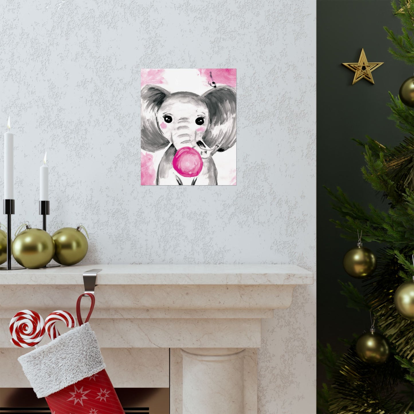 Little Elephant with pink bubblegum without AI - Matte Vertical Posters