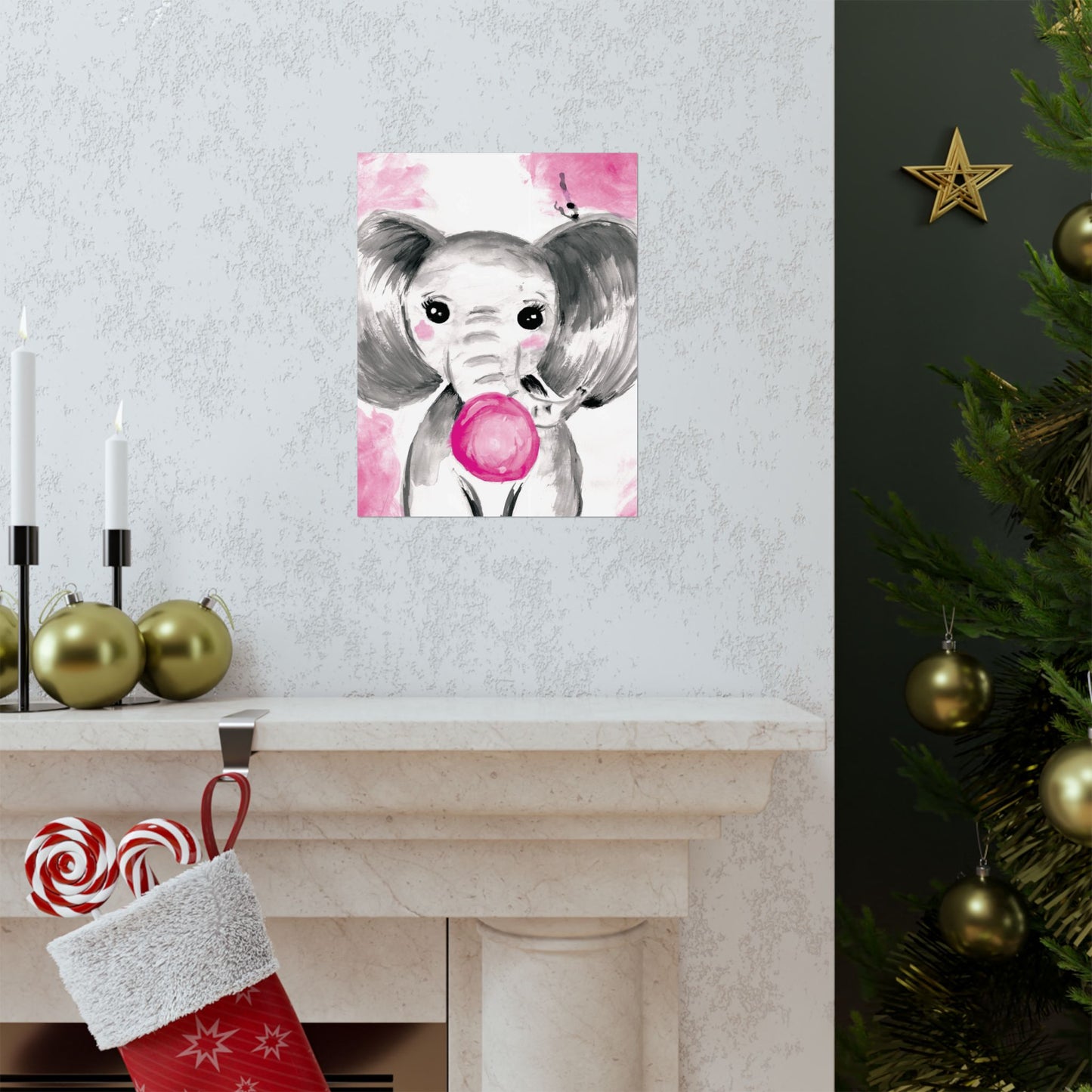 Little Elephant with pink bubblegum without AI - Matte Vertical Posters