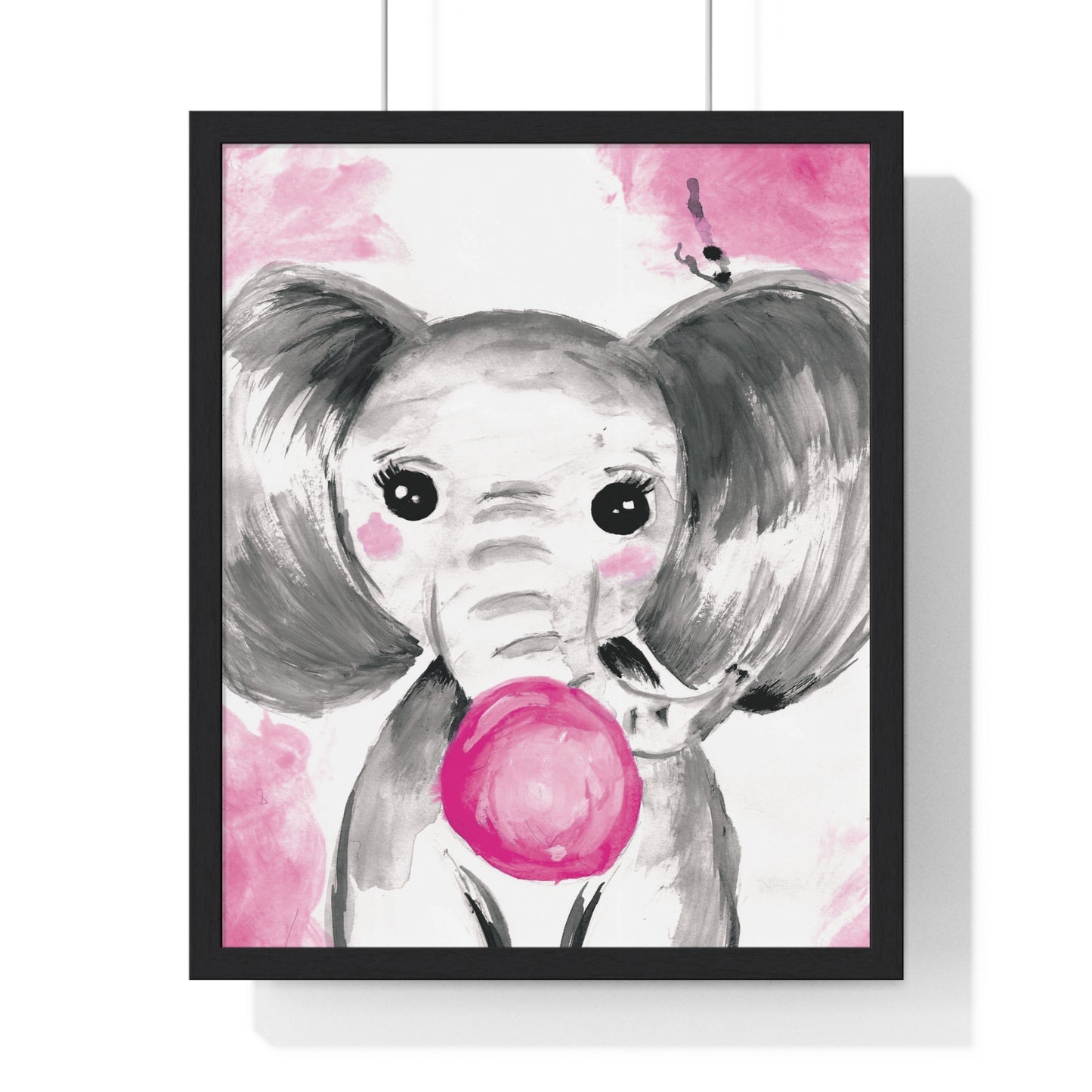 Little Elephant with pink bubblegum without AI - Vertical Framed Poster