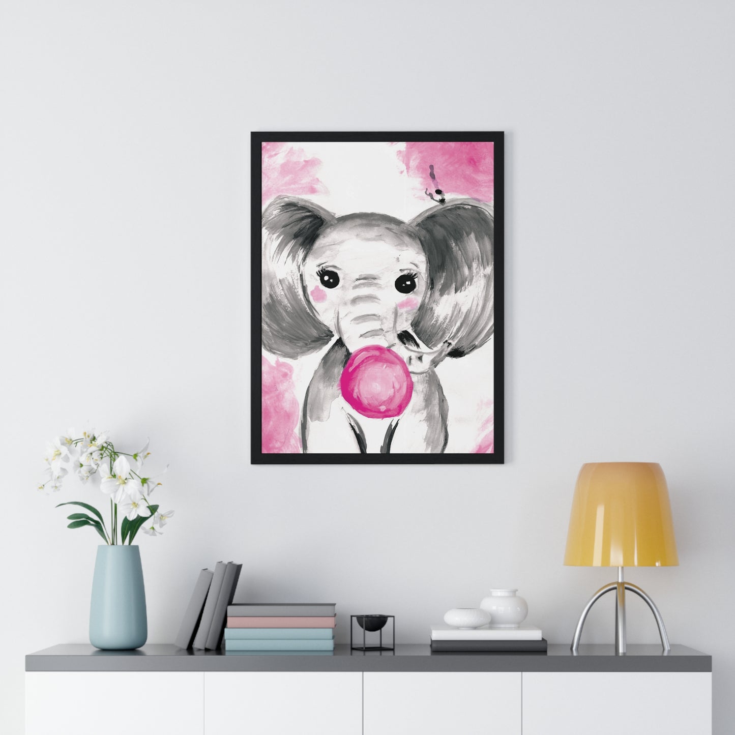 Little Elephant with pink bubblegum without AI - Vertical Framed Poster