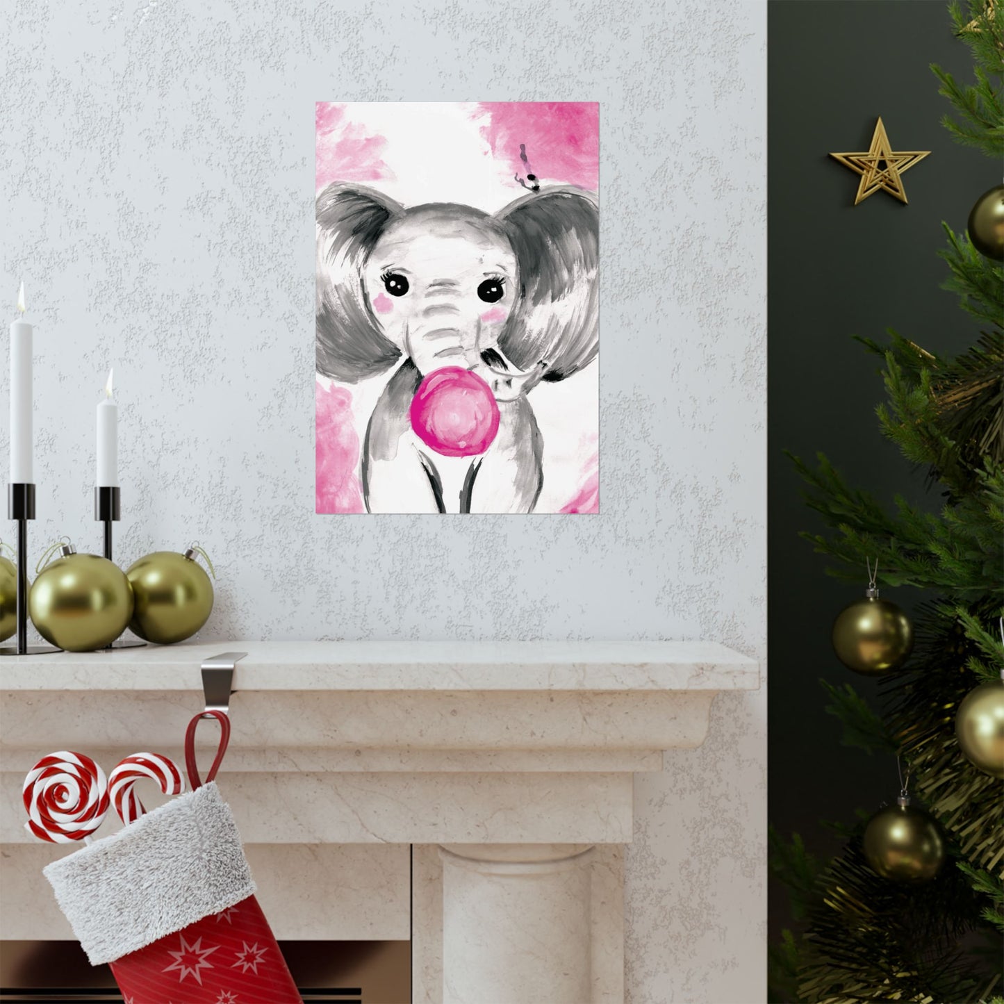 Little Elephant with pink bubblegum without AI - Matte Vertical Posters
