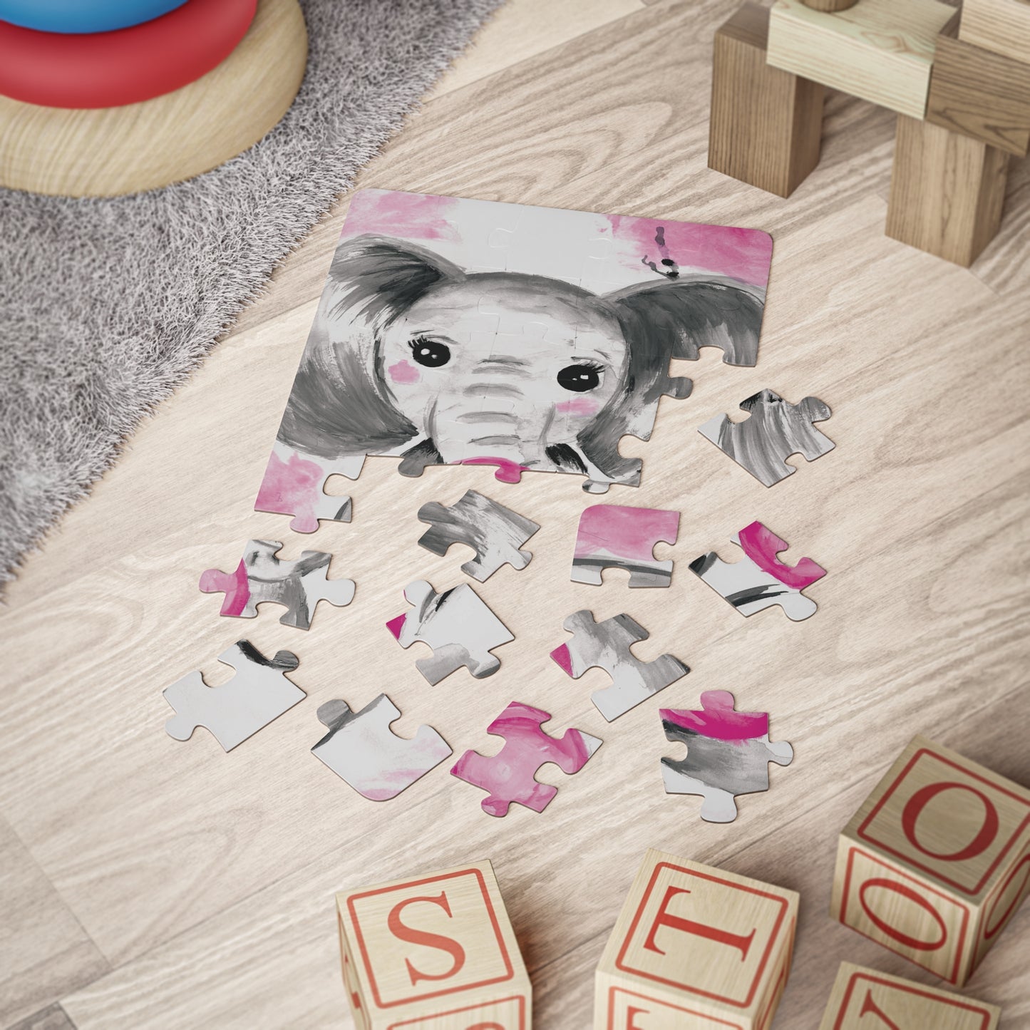 Little Elephant with pink bubblegum without AI - Kids' Puzzle, 30-Piece