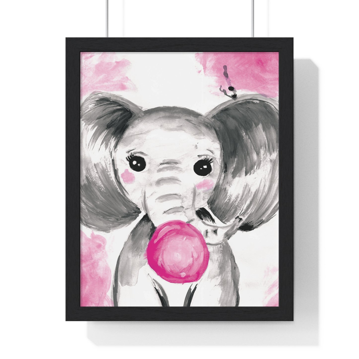Little Elephant with pink bubblegum without AI - Vertical Framed Poster
