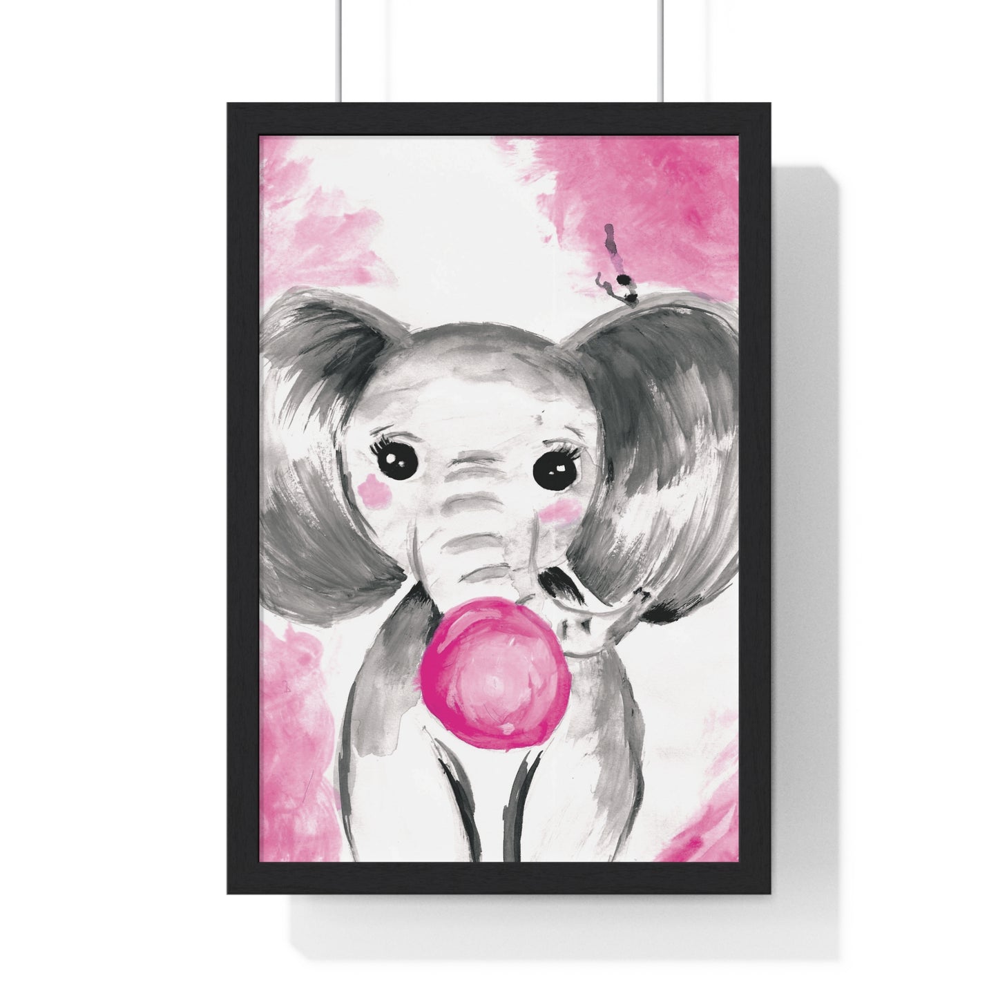 Little Elephant with pink bubblegum without AI - Vertical Framed Poster