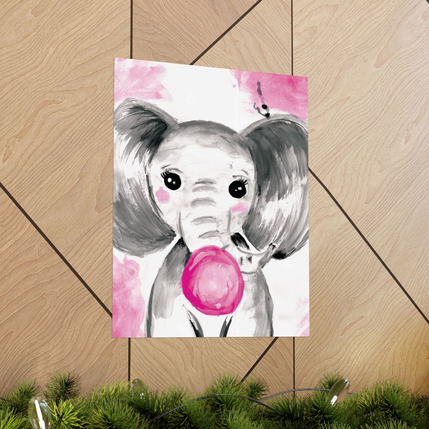 Little Elephant with pink bubblegum without AI - Matte Vertical Posters