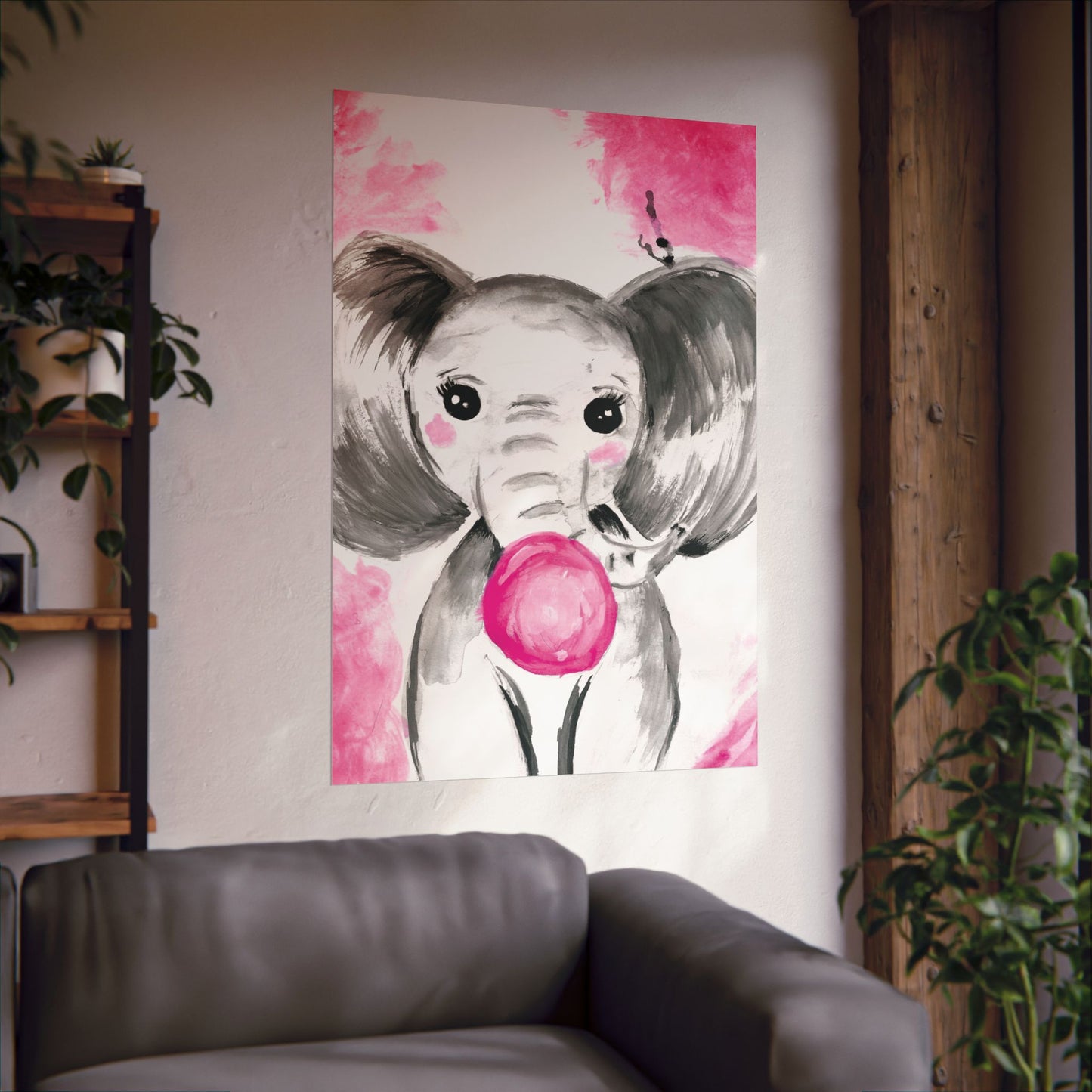 Little Elephant with pink bubblegum without AI - Matte Vertical Posters