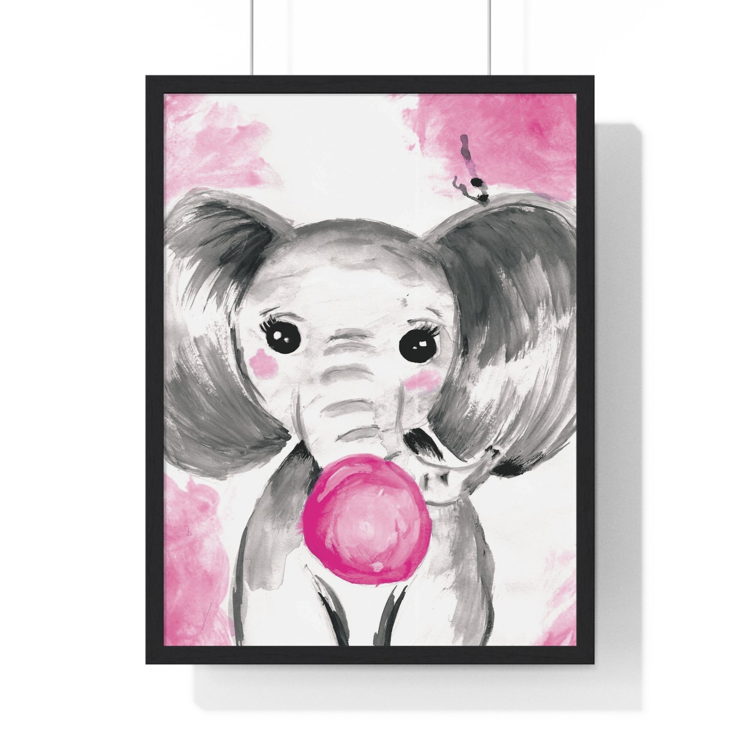 Little Elephant with pink bubblegum without AI - Vertical Framed Poster