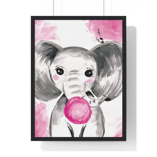 Little Elephant with pink bubblegum without AI - Vertical Framed Poster