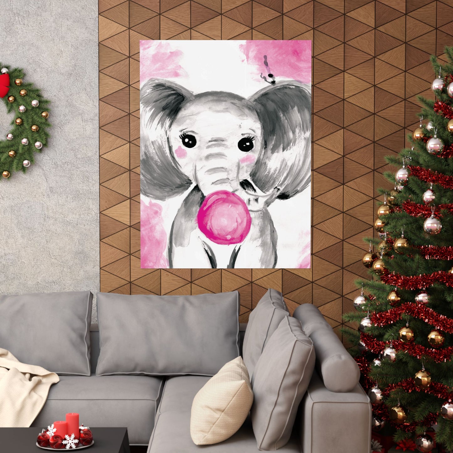 Little Elephant with pink bubblegum without AI - Matte Vertical Posters