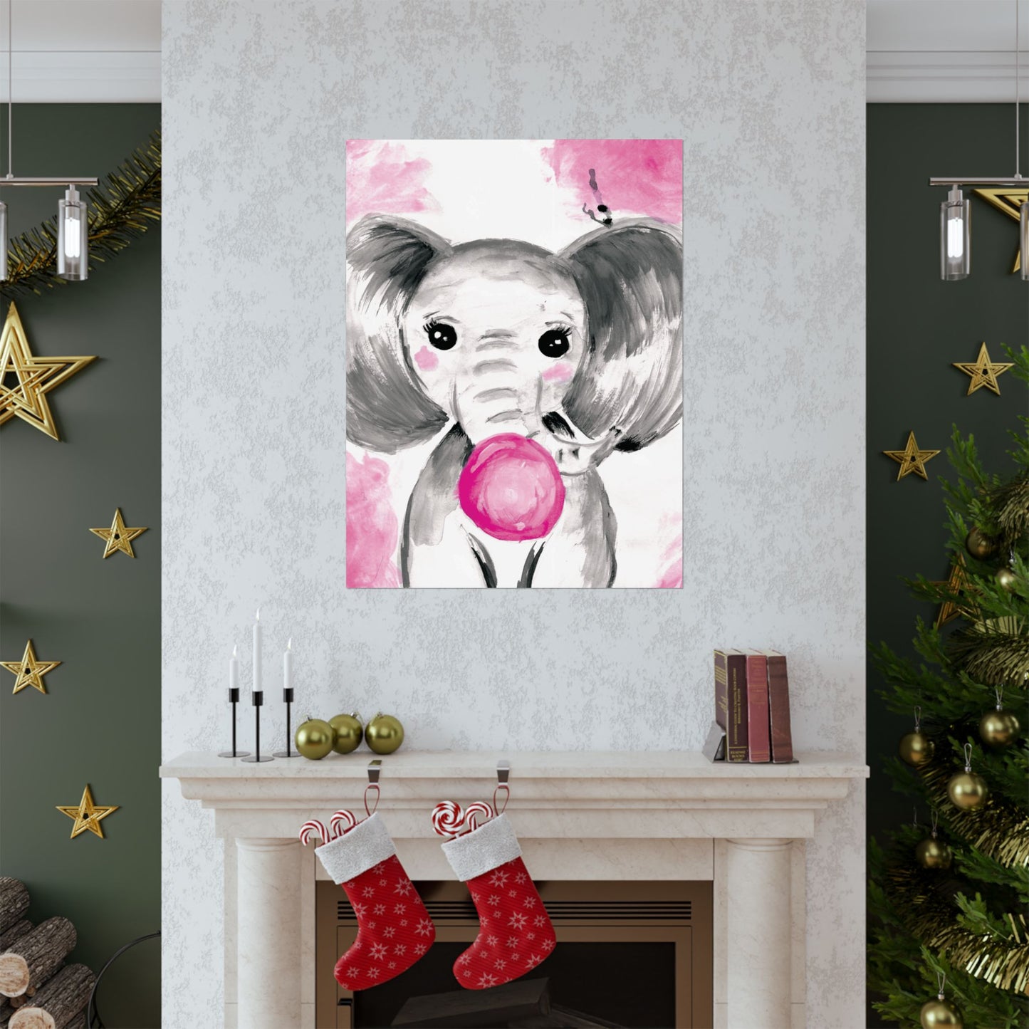 Little Elephant with pink bubblegum without AI - Matte Vertical Posters