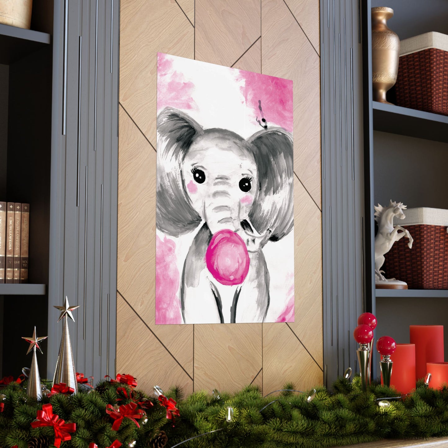 Little Elephant with pink bubblegum without AI - Matte Vertical Posters