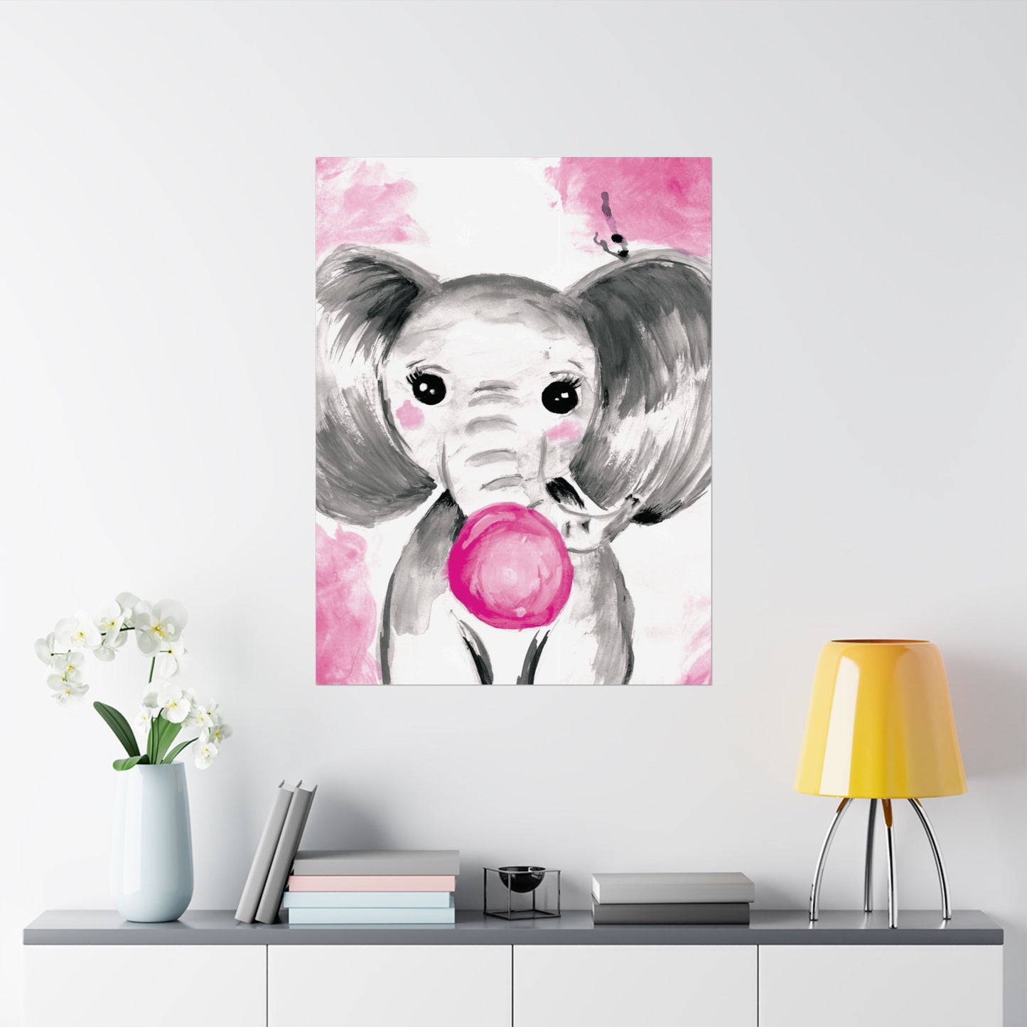 Little Elephant with pink bubblegum without AI - Matte Vertical Posters
