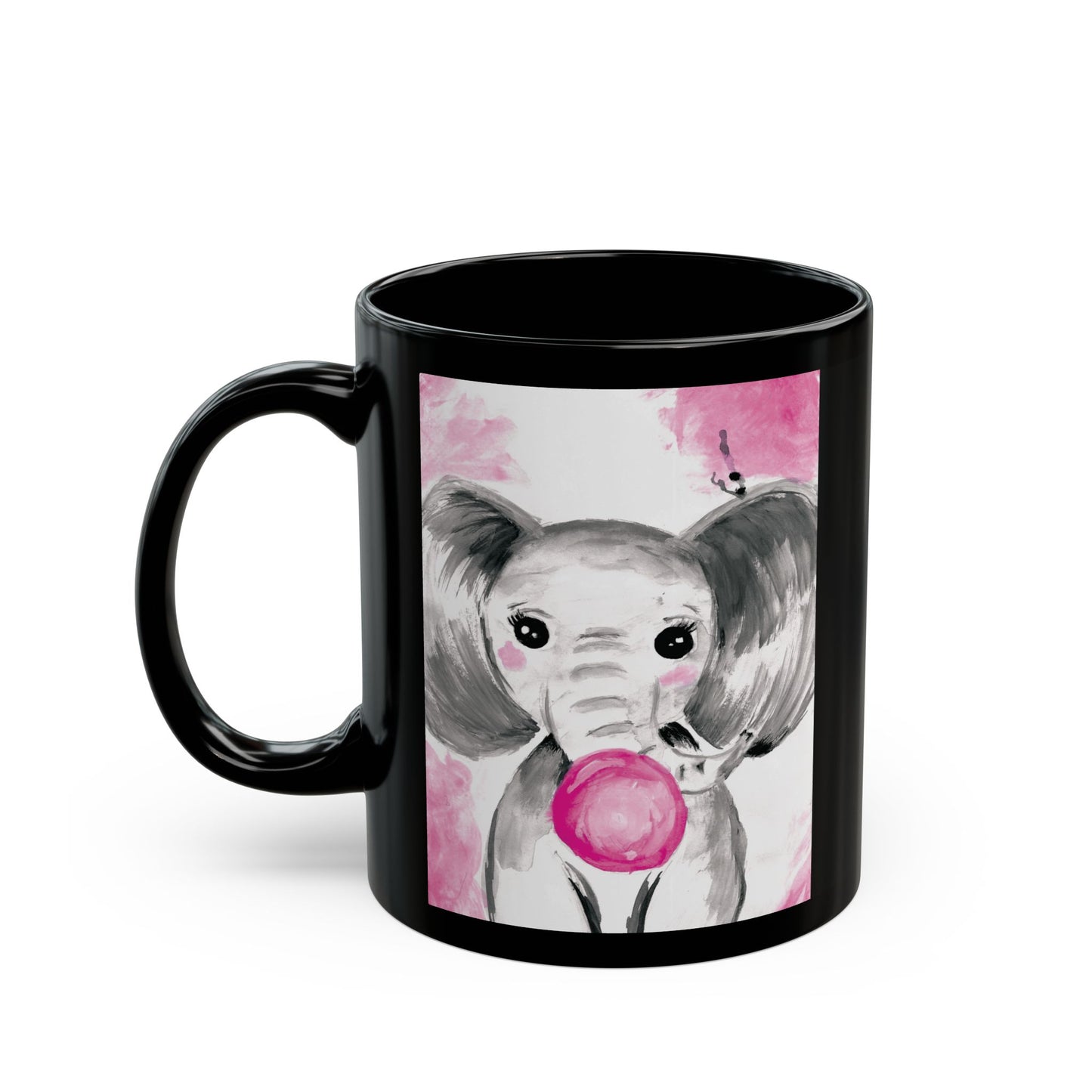 Little Elephant with pink bubblegum without AI - Black Mug (11oz, 15oz)