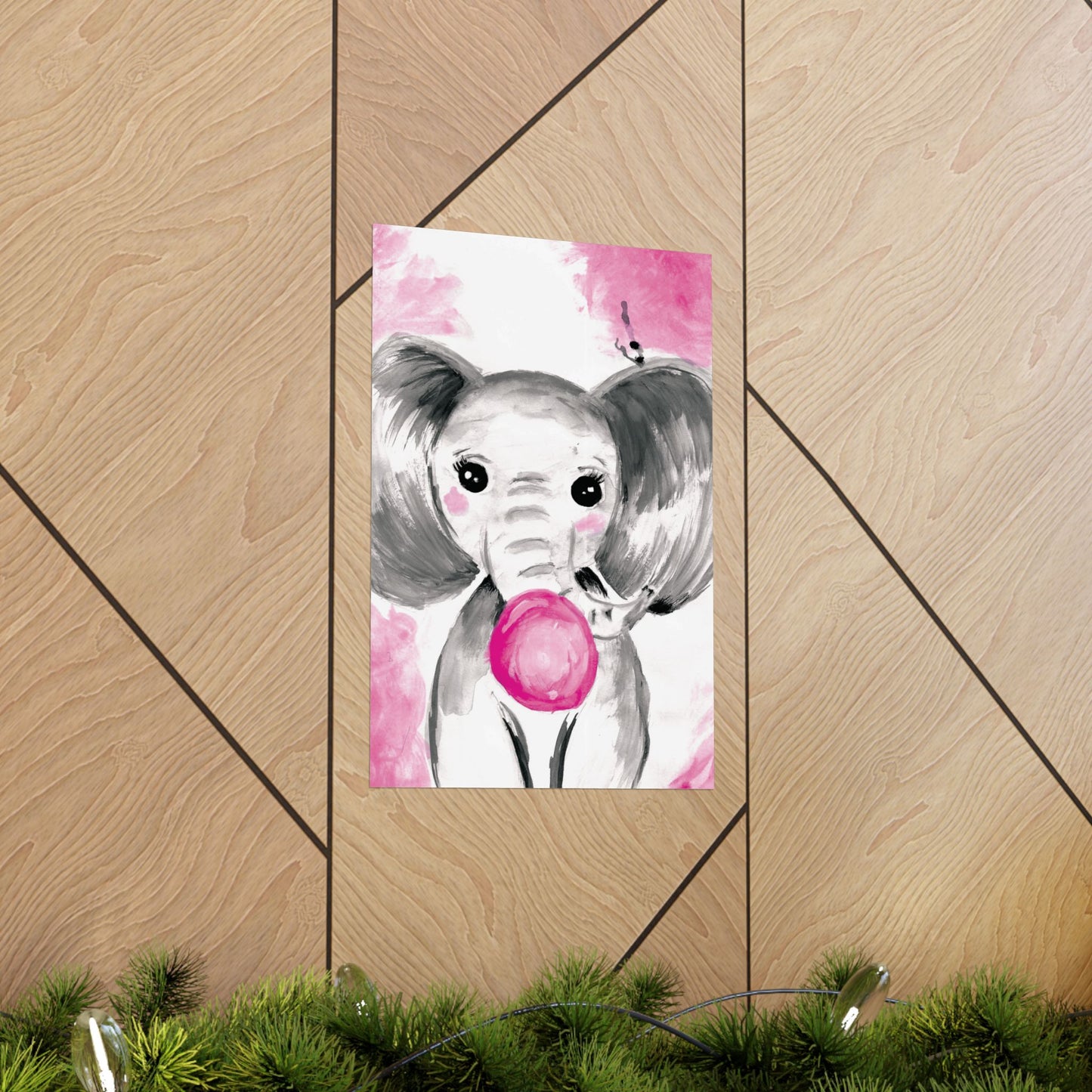 Little Elephant with pink bubblegum without AI - Matte Vertical Posters