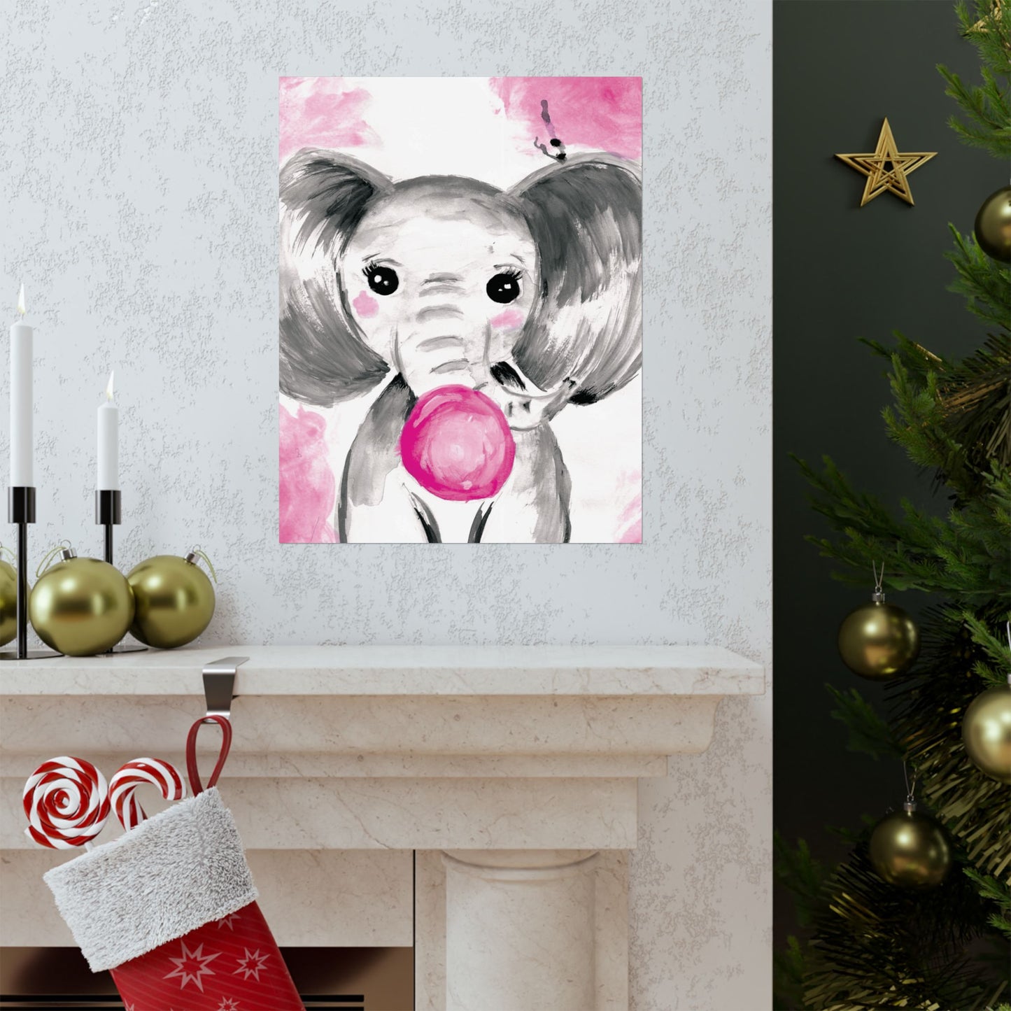 Little Elephant with pink bubblegum without AI - Matte Vertical Posters
