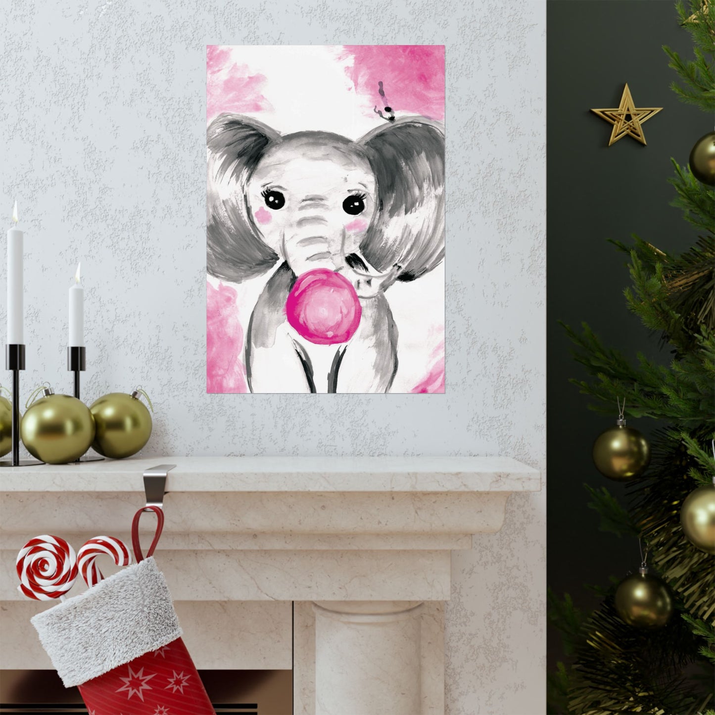 Little Elephant with pink bubblegum without AI - Matte Vertical Posters