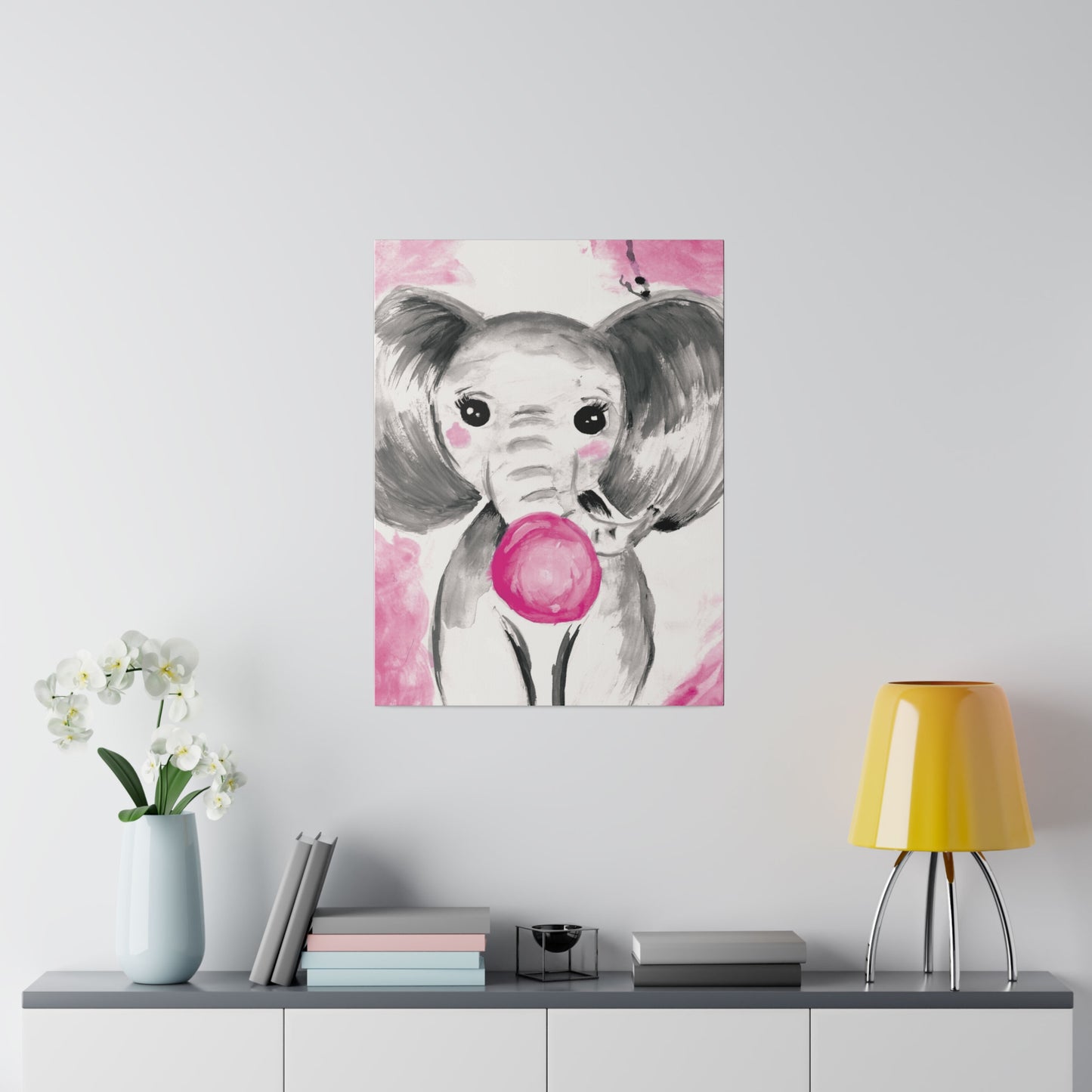 Little Elephant with pink bubblegum without AI - Matte Canvas, Stretched, 0.75"