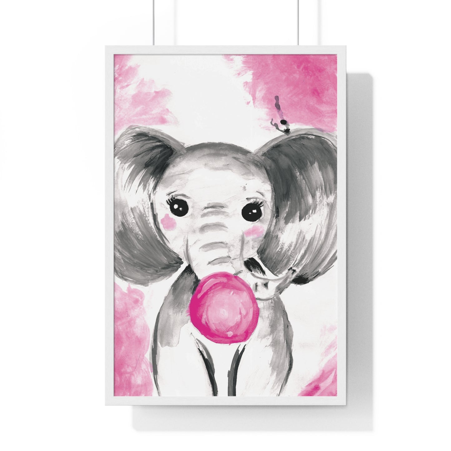 Little Elephant with pink bubblegum without AI - Vertical Framed Poster