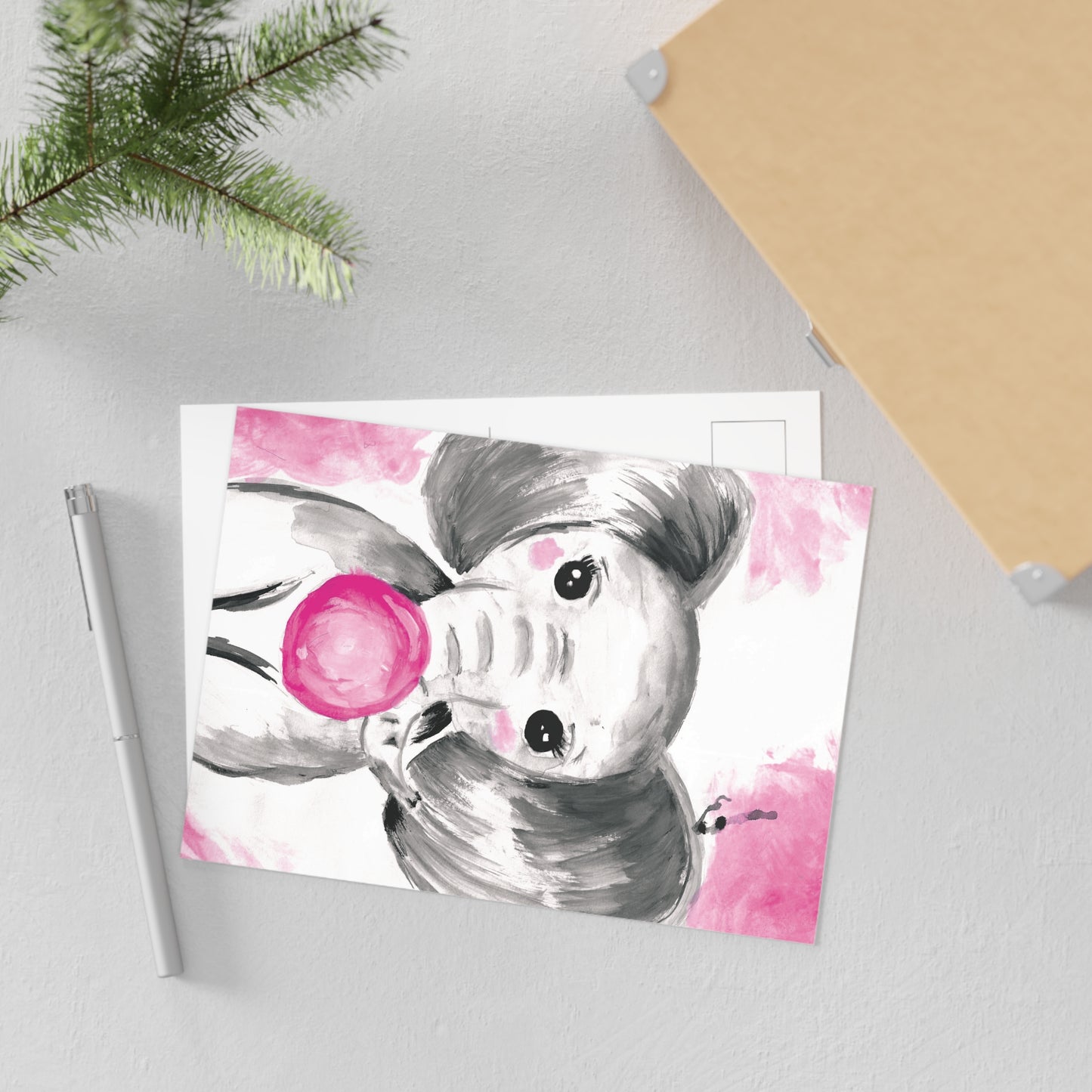 Little Elephant with pink bubblegum without AI - Fine Art Postcards