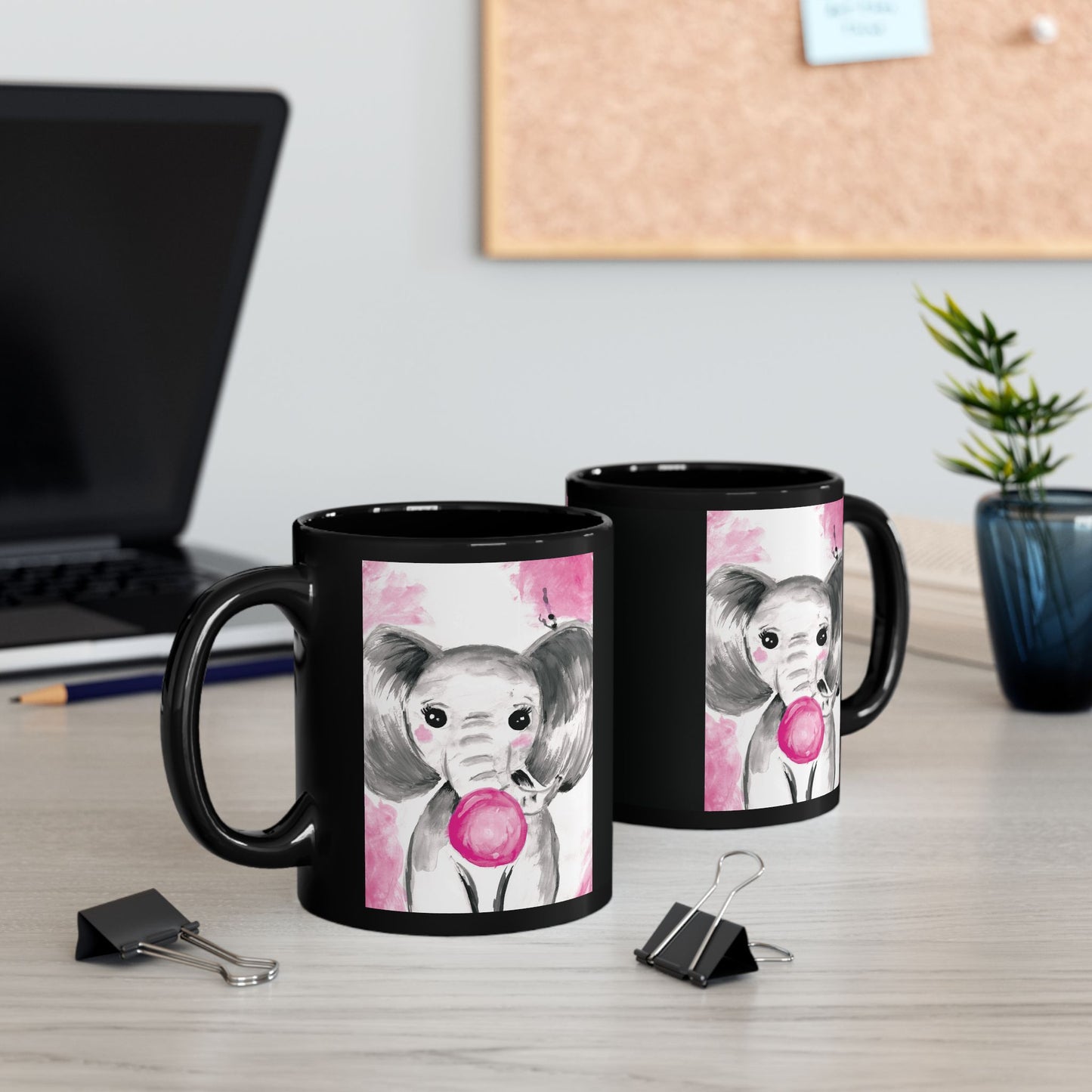 Little Elephant with pink bubblegum without AI - Black Mug (11oz, 15oz)