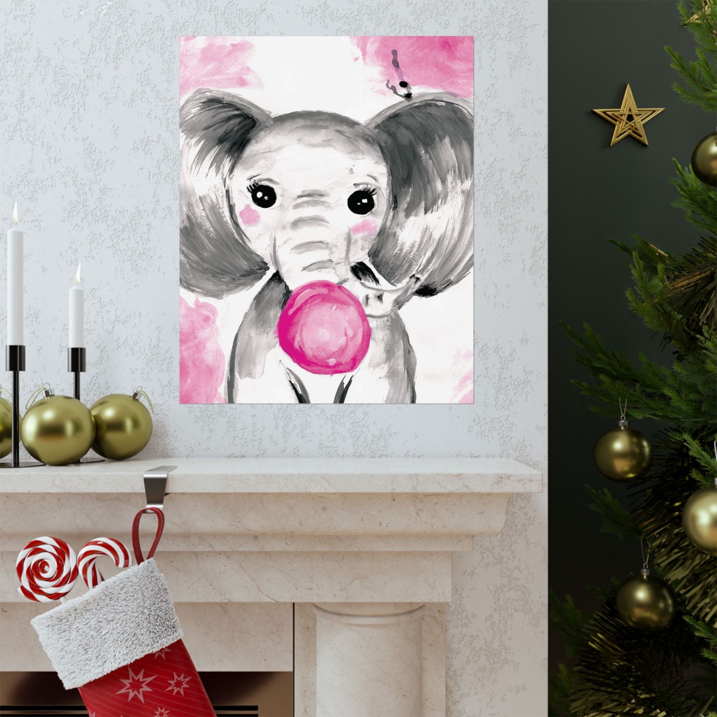 Little Elephant with pink bubblegum without AI - Matte Vertical Posters