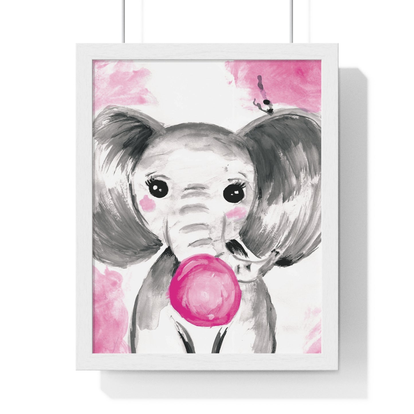 Little Elephant with pink bubblegum without AI - Vertical Framed Poster