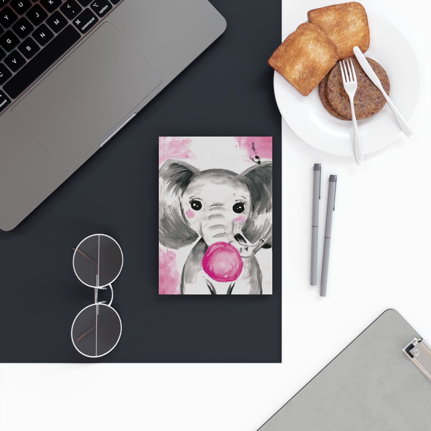 Little Elephant with pink bubblegum without AI - Hard Backed Journal