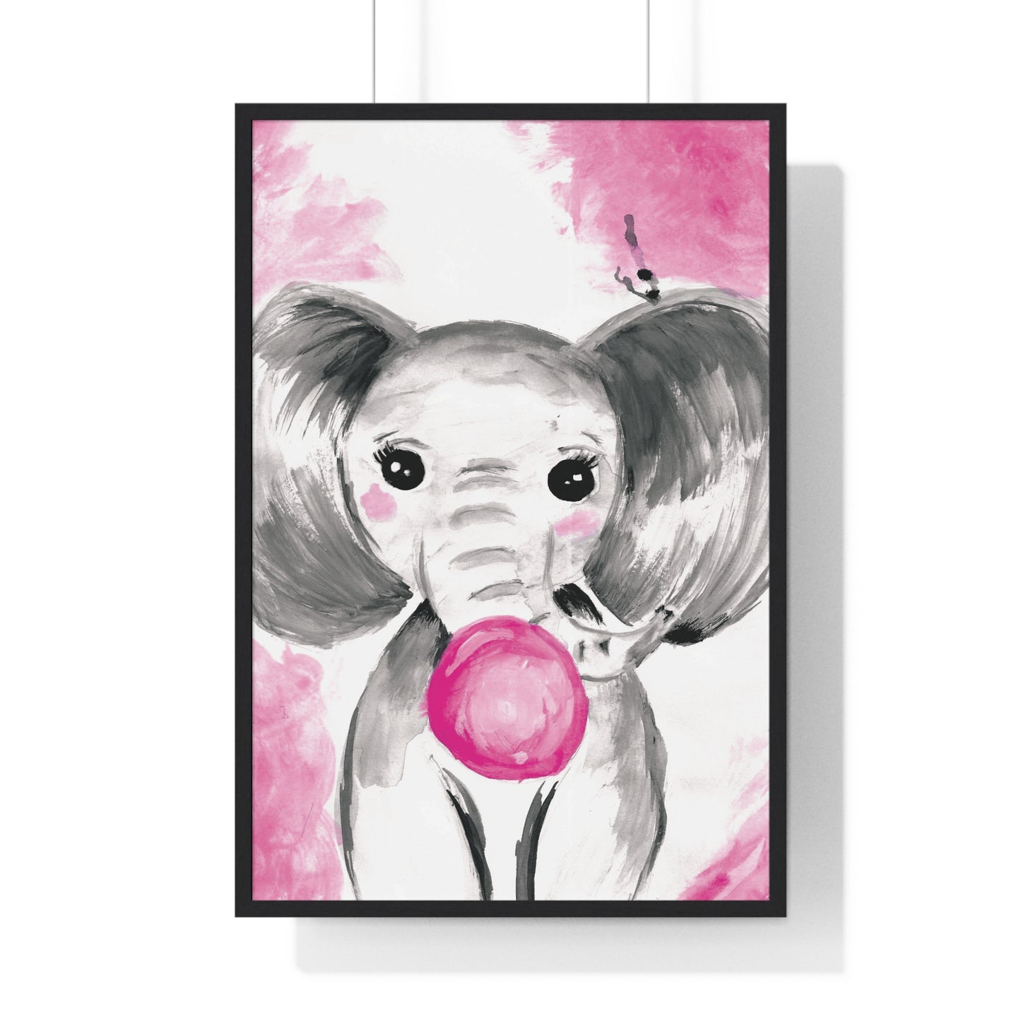 Little Elephant with pink bubblegum without AI - Vertical Framed Poster