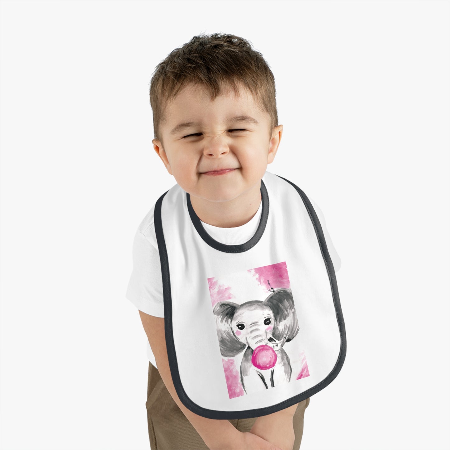 Little Elephant with pink bubblegum without AI - Baby Contrast Trim Jersey Bib