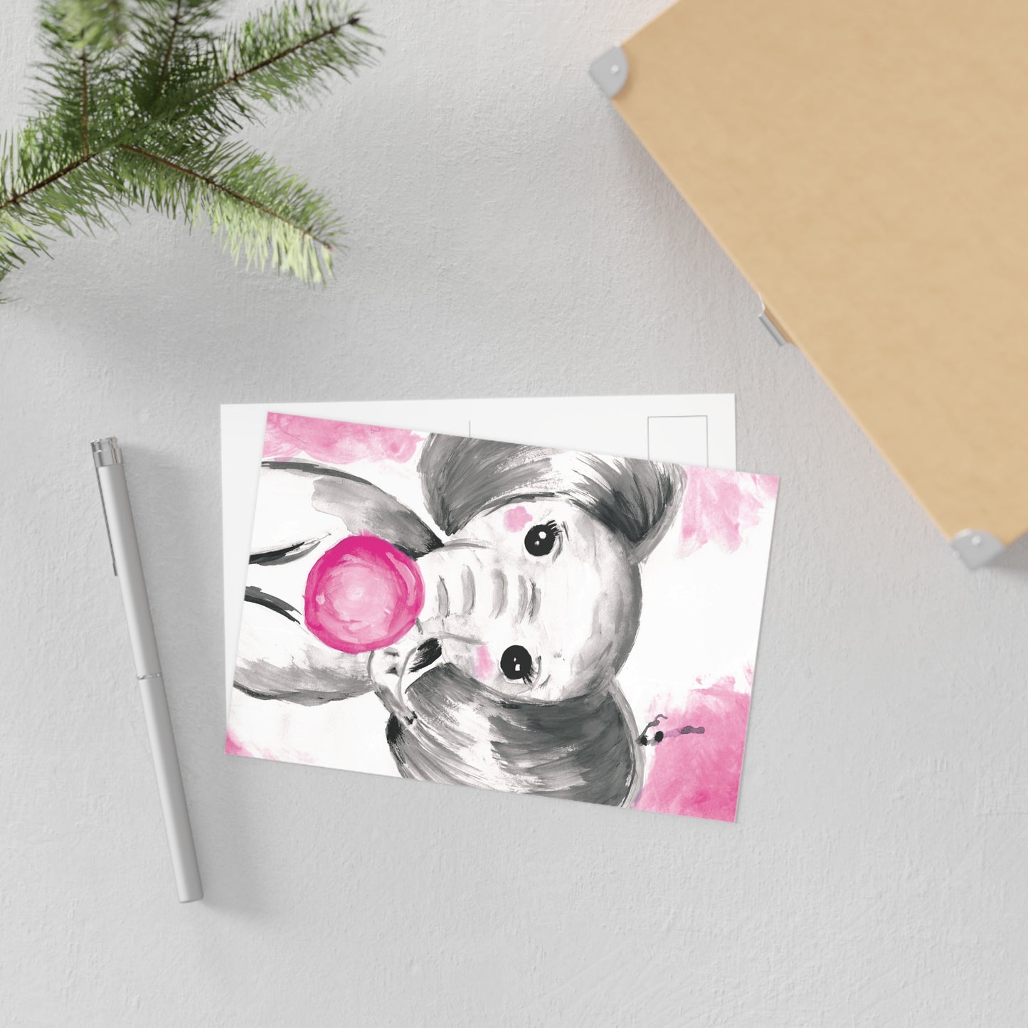 Little Elephant with pink bubblegum without AI - Fine Art Postcards